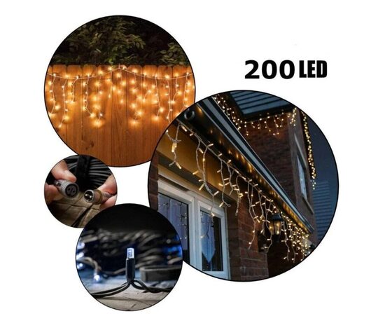  200 LED 8 Metrai lempučių lauko girlianda Varvekliai su baltu laidu, Šiltai baltos spalvos Flash